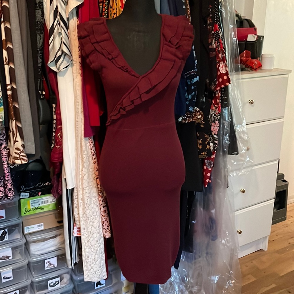 MODA International for Victoria’s Secret Burgundy Ruffle Sleeveless Knit Dress